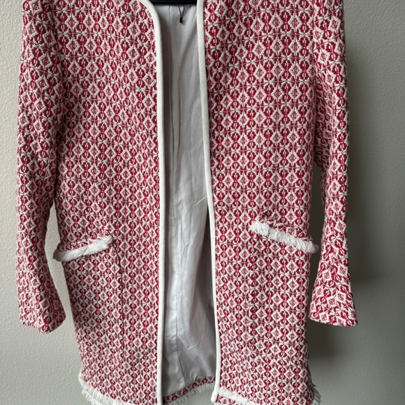 Zara That Coat frayed red white diamond boucle - Picture 3 of 5